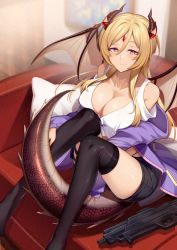 Rule 34 | 1girl, black thighhighs, blonde hair, breasts, cleavage, clothing cutout, cluseller, dragon horns, dragon tail, dragon wings, forehead jewel, gun, horns, indie virtual youtuber, large breasts, long hair, looking at viewer, red eyes, shorts, shoulder cutout, sitting, solo, tail, thighhighs, virtual youtuber, weapon, wings