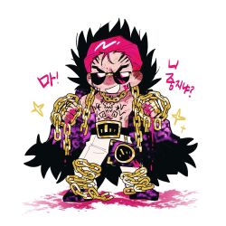Rule 34 | 1boy, belt, chain, chibi, coat, facing viewer, full body, gold trim, hair slicked back, highres, korean text, limbus company, nyak 138, open mouth, pants, pink hair, project moon, purple coat, ricardo (project moon), simple background, smile, solo, tattoo, translation request, white background, white pants