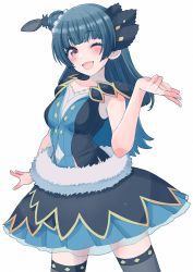 Rule 34 | 1girl, ;), artist name, artist request, bad id, bad twitter id, bare arms, birthday, black dress, black feathers, black skirt, black thighhighs, blue camisole, blue dress, blue hair, blue skirt, blush, breasts, camisole, chuunibyou, collarbone, cream (nipakupa), diagonal-striped clothes, diagonal-striped skirt, dress, feathers, female focus, frilled dress, frilled skirt, frills, fur-trimmed dress, fur trim, hair bun, hair ornament, happy birthday, highres, long hair, looking at viewer, love live!, love live! sunshine!!, medium breasts, miniskirt, one eye closed, open mouth, outstretched arm, parted lips, pink eyes, plaid, plaid dress, plaid skirt, pleated, pleated dress, pleated skirt, purple eyes, side bun, single hair bun, single side bun, skirt, smile, solo, striped, striped clothes, thighhighs, tsushima yoshiko, water blue new world, white background