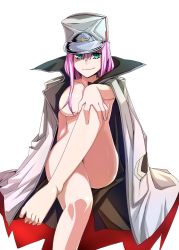 Rule 34 | 10s, 1girl, bad id, bad pixiv id, barefoot, breasts, coat, darling in the franxx, feet, green eyes, hair over breasts, hat, kuro (1968), large breasts, crossed legs, long hair, looking at viewer, military, military hat, military uniform, naked coat, pink hair, simple background, sitting, smile, solo, uniform, white background, zero two (darling in the franxx)