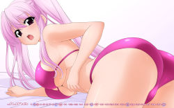 Rule 34 | 1girl, ass, bent over, bikini, blush, breasts, brown eyes, calendar, cleavage, from behind, highres, june, large breasts, long hair, looking at viewer, looking back, open mouth, original, pink bikini, pink hair, solo, sugimura tomokazu, swimsuit, twintails, underboob, wallpaper