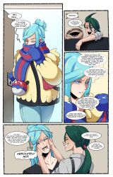 Rule 34 | 1boy, 1girl, absurdres, anger vein, angry, blue eyes, blue hair, clodsire, collarbone, comic, couple, creatures (company), english text, game freak, green hair, grusha (pokemon), hands on another&#039;s cheeks, hands on another&#039;s face, highres, jacket, kinjero, long hair, long sleeves, low ponytail, mittens, multicolored hair, nintendo, open mouth, pants, pokemon, pokemon sv, ponytail, red eyes, rika (pokemon), scarf, scarf over mouth, shirt, smile, swept bangs, tomboy
