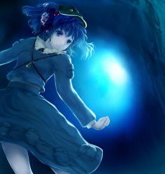 Rule 34 | 1girl, blue eyes, blue hair, bubble, circlek, female focus, hair bobbles, hair ornament, hat, highres, kawashiro nitori, key, matching hair/eyes, outstretched arm, pocket, shirt, skirt, skirt set, smile, solo, touhou, twintails, two side up, underwater