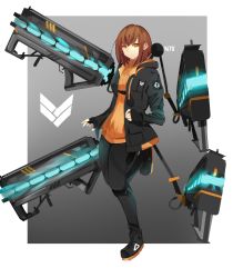 Rule 34 | 1girl, absurdres, artist name, black gloves, breasts, brown hair, cannon, full body, gloves, gun, highres, jacket, looking at viewer, mecha, nyxview, orange shirt, original, pantyhose, rigging, robot, shirt, shoes, smile, solo, weapon, yellow eyes