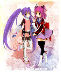 Rule 34 | 2girls, boots, cheria barnes, copyright name, knee boots, multiple girls, o-ring, pink hair, purple hair, purple skirt, riisu (aquamilk), skirt, sophie (tales), tales of (series), tales of graces, thighhighs, twintails, two side up