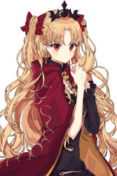 Rule 34 | 1girl, :&lt;, absurdres, asymmetrical sleeves, bad id, bad pixiv id, black leotard, blonde hair, blush, cape, earrings, ereshkigal (fate), fate/grand order, fate (series), gold trim, highres, jewelry, leotard, light blush, long hair, looking at viewer, multicolored cape, multicolored clothes, osanai, parted bangs, red cape, red eyes, red ribbon, ribbon, single sleeve, skull, solo, spine, tiara, tohsaka rin, two side up, uneven sleeves, white background, yellow cape