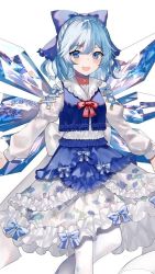 Rule 34 | 1girl, :d, alternate costume, back bow, blue bow, blue dress, blush, bow, cirno, crystal, dress, dress bow, eyelashes, frilled dress, frills, hair bow, ice, ice wings, long sleeves, open mouth, red neckwear, red ribbon, ribbon, sakizaki saki-p, sash, shirt, short hair, simple background, smile, solo, standing, teeth, thighhighs, tongue, touhou, twitter username, upper teeth only, white background, white sash, white shirt, white sleeves, white thighhighs, wings