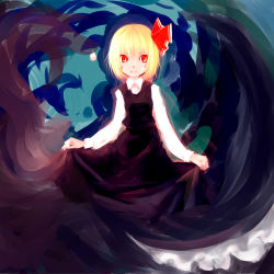 Rule 34 | 1girl, blonde hair, blush stickers, embodiment of scarlet devil, female focus, glowing, glowing eyes, highres, holding, holding clothes, holding skirt, looking at viewer, rumia, sakana (packetsjp), short hair, skirt, skirt hold, smile, solo, touhou