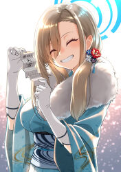 Rule 34 | 1girl, ^ ^, absurdres, asuna (blue archive), blonde hair, blue archive, blue kimono, breasts, closed eyes, commentary request, gloves, grin, head tilt, highres, holding, japanese clothes, kimono, large breasts, long hair, long sleeves, obi, sash, sayu mypace, smile, solo, translation request, upper body, white gloves, wide sleeves