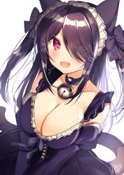 Rule 34 | 1girl, :d, absurdres, animal ears, bell, black dress, black hair, blue eyes, blush, breasts, cat ears, cat girl, cat tail, cleavage, collar, collarbone, detached sleeves, dress, fang, frilled dress, frills, hair over one eye, headdress, heart, heterochromia, highres, jingle bell, juliet sleeves, large breasts, lolita fashion, long hair, long sleeves, looking at viewer, mole, mole on breast, nenobi (nenorium), open mouth, original, pink eyes, puffy sleeves, sidelocks, signature, simple background, skin fang, smile, solo, tail, two side up, white background