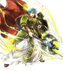 Rule 34 | 1boy, aqua eyes, armor, axe, battle axe, boots, brown footwear, cape, cosplay, energy, ephraim (fire emblem), fado (fire emblem), fado (fire emblem) (cosplay), fire emblem, fire emblem: the sacred stones, fire emblem heroes, full armor, full body, green armor, green hair, highres, holding, holding axe, holding shield, loincloth, male focus, nintendo, official art, open mouth, pants, pauldrons, red cape, robe, serious, shield, short hair, shoulder armor, solo, teeth, transparent background, undershirt, wada sachiko, weapon, white robe