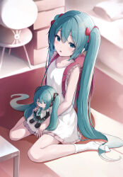 Rule 34 | 1girl, absurdres, aqua hair, aqua nails, artist name, backpack, bag, bed, blurry, blurry background, bow, chair, character doll, commentary, crossed bangs, drawer, fingernails, flat chest, hair between eyes, hair bow, hatsune miku, highres, indoors, light blush, long hair, looking at viewer, nail polish, no shoes, okome (okome 0627ha), parted lips, pink bow, randoseru, rug, shirt, sitting, skirt, sleeveless, sleeveless shirt, socks, solo, table, twintails, very long hair, vocaloid, wariza, white shirt, white skirt, white socks