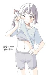 1girl asymmetrical_bangs bike_shorts black_hair blue_shirt commentary_request cut_bangs fujinami_(kancolle) grey_sports_bra hair_ribbon hand_on_own_hip highres kantai_collection long_hair looking_at_viewer one_eye_closed ribbon shirt side_ponytail simple_background solo sports_bra tatahai translation_request white_background white_ribbon wiping yellow_eyes