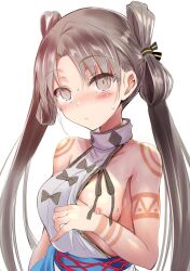 Rule 34 | 1girl, backless dress, backless outfit, bare shoulders, blush, body markings, breasts, brown eyes, brown hair, dress, fate/grand order, fate (series), grey dress, iyo (fate), large breasts, long hair, looking at viewer, nipples, revision, sen (astronomy), solo, very long hair