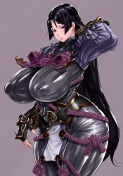 1girl absurdres armor black_gloves blue_hair bodysuit bonten bow breasts closed_mouth covered_navel dark_blue_hair covered_erect_nipples fate/grand_order fate_(series) gloves hair_between_eyes highres huge_breasts impossible_bodysuit impossible_clothes japanese_armor kote loincloth long_hair looking_at_viewer low-tied_long_hair minamoto_no_raikou_(fate) pelvic_curtain purple_bodysuit purple_eyes smile solo very_long_hair