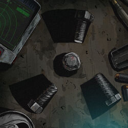 bolt_(hardware) bullet can jazz_jack magazine_(weapon) no_humans radar radiation_symbol stalker_(game) stalker_2:_heart_of_chornobyl stalker_2_(game) still_life table