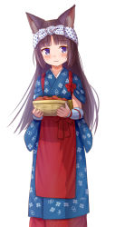 Rule 34 | 1girl, absurdres, animal ear fluff, animal ears, apron, blue kimono, blush, bowl, brown hair, cat ears, closed mouth, commentary request, food, highres, holding, holding bowl, iroha (iroha matsurika), japanese clothes, kimono, long hair, looking at viewer, original, purple eyes, red apron, short sleeves, simple background, smile, solo, standing, tasuki, very long hair, waist apron, white background