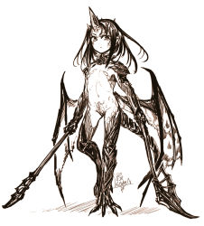 Rule 34 | 1girl, claws, closed mouth, crotch plate, dated, dragon horns, dragon tail, dragon wings, flat chest, full body, greyscale, holding, holding spear, holding weapon, horns, kotoba noriaki, looking at viewer, low wings, medium hair, monochrome, multiple horns, nude, original, pointy ears, polearm, scales, signature, simple background, single horn, solo, spear, standing, tail, weapon, white background, wings