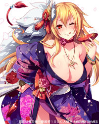 Rule 34 | 1girl, ;q, bad id, bad pixiv id, bare shoulders, blonde hair, blush, breasts, character request, choker, cleavage, collarbone, covered erect nipples, cup, dmm games, folding fan, hair ornament, hand fan, japanese clothes, kimono, kinosaki reisui, large breasts, lowres, obi, off shoulder, official art, one eye closed, red eyes, sakazuki, sash, simple background, smile, solo, tongue, tongue out, white background