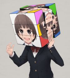 Rule 34 | 1girl, :d, blazer, bow, bowtie, breast pocket, brown eyes, brown hair, buttons, covered face, furrowed brow, grin, hands up, heart, heart-shaped pupils, jacket, long sleeves, open mouth, original, photo (object), pocket, rubik&#039;s cube, short hair, smile, solo, symbol-shaped pupils, yajirushi (chanoma)