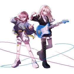 Rule 34 | 2girls, absurdres, black footwear, black jacket, black necktie, black thighhighs, blue eyes, blue jacket, boots, collared shirt, commentary, electric guitar, full body, girls band cry, grey shirt, grin, guitar, hashtag-only commentary, hibioes, highres, holding, holding guitar, holding instrument, holding microphone, holding plectrum, instrument, iseri nina, jacket, kawaragi momoka, knee boots, light brown hair, long hair, long sleeves, looking at viewer, microphone, multicolored hair, multiple girls, music, necktie, open clothes, open jacket, open mouth, outstretched arm, parted lips, plectrum, red hair, roots (hair), shirt, shoes, short twintails, shorts, simple background, singing, smile, sneakers, thighhighs, twintails, white background, white footwear, white shirt, white shorts
