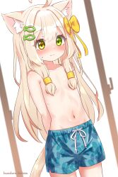 Rule 34 | 1girl, absurdres, animal ear fluff, animal ears, arms behind back, artist name, blonde hair, bow, cat ears, cat girl, cat tail, commentary request, embarrassed, fish hair ornament, green eyes, hair bow, hair censor, hair ornament, hair over breasts, hazakura hinata, heterochromia, highres, kurumi (hazakura hinata), long hair, male swimwear, male swimwear challenge, navel, original, solo, stomach, sweat, swim trunks, tail, topless, variant set, yellow eyes