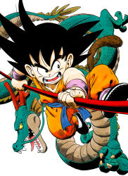 Rule 34 | 1boy, absurdres, animal, black eyes, black footwear, black hair, cleaned, collarbone, commentary, dougi, dragon, dragon ball, dragon ball (classic), fighting stance, fingernails, frown, full body, highres, holding, holding weapon, horns, jumping, kicking, looking afar, male focus, monkey tail, ruyi jingu bang, official art, open mouth, shaded face, sharp teeth, shenron (dragon ball), shoe soles, son goku, spiked hair, tail, teeth, tongue, toriyama akira, v-shaped eyebrows, weapon, whiskers, wristband