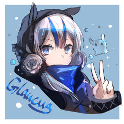 Rule 34 | 1girl, arknights, blue eyes, blue hair, bubble, character name, detached hood, double bun, expressionless, glaucus (arknights), hair bun, hood, long sleeves, multicolored hair, solo, streaked hair, tianye toshi, upper body, v