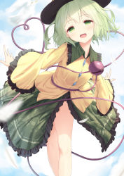Rule 34 | 1girl, :d, absurdres, bent over, cloud, day, feathers, feet out of frame, green eyes, green hair, green skirt, hat, highres, komeiji koishi, light blush, looking at viewer, open mouth, outdoors, raimeso235, shirt, short hair, skirt, sky, smile, solo, tareme, third eye, touhou, wide sleeves, yellow shirt