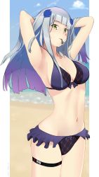 Rule 34 | 1girl, absurdres, alphaarietis, alternate costume, armpits, arms behind head, beach, bikini, blue sky, blunt bangs, blush, breasts, character name, cleavage, cloud, dated, day, facial mark, frilled bikini, frills, girls&#039; frontline, green eyes, groin, hair ornament, hair tie in mouth, highres, hk416 (girls&#039; frontline), long hair, looking at viewer, medium breasts, mouth hold, navel, sand, sidelocks, signature, silver hair, sky, solo, stomach, swimsuit, teardrop, thigh strap, tying hair, very long hair, wet