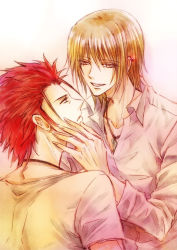 Rule 34 | 10s, 2boys, collared shirt, earrings, hands on another&#039;s face, jewelry, k-project, male focus, multiple boys, necklace, red hair, shirt, short hair, sideburns, suoh mikoto, totsuka tatara, yaoi