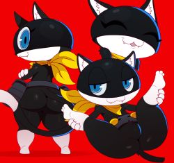 Rule 34 | 10s, 1girl, animal ears, ass, belt, blue eyes, cat, cat ears, cat tail, eric lowery, fangs, from behind, furry, furry female, huge ass, leg lift, looking at viewer, morgana (persona 5), naughty face, no humans, no pussy, persona, persona 5, presenting, reclining, red background, scarf, solo, spread legs, tail, thick thighs, thighs, utility belt, wide hips
