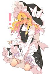 Rule 34 | !, 1girl, apron, bad id, bad twitter id, black hat, black skirt, black vest, blonde hair, bloomers, blush, bow, frilled sleeves, frills, full-face blush, hair bow, hair ribbon, hat, hat bow, juliet sleeves, kirisame marisa, long hair, long sleeves, open mouth, petticoat, puffy sleeves, ribbon, seiza, simple background, sitting, skirt, skirt tug, solo, tori (otori), touhou, tress ribbon, twitter username, underwear, vest, waist apron, white apron, white background, white bow, witch hat, yellow eyes