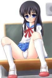 Rule 34 | 1girl, arm support, artist request, black hair, blue eyes, blue skirt, blush, bow, bowtie, chalkboard, character request, classroom, desk, flat chest, glasses, kneehighs, long hair, long sleeves, looking at viewer, panties, red bow, red bowtie, school uniform, serafuku, shirt, shoes, sitting, skirt, socks, solo, spread legs, underwear, uwabaki, wall, white footwear, white panties, white shirt, white socks