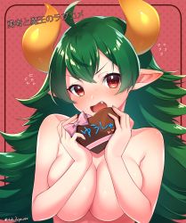 Rule 34 | 1girl, absurdres, ahoge, blush, bow, breasts, candy, chocolate, chocolate heart, convenient arm, copyright name, copyright request, curled horns, flying sweatdrops, food, green hair, hair between eyes, head tilt, heart, highres, holding, holding food, horns, large breasts, long hair, nude, pink bow, pointy ears, polka dot, polka dot background, red background, red eyes, sakura chiyo (konachi000), solo, sweat, translation request, upper body, valentine, very long hair