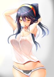 Rule 34 | 10s, 1girl, alternate hairstyle, black hair, blush, breasts, cleavage, collarbone, covered erect nipples, gluteal fold, gradient background, grey background, hair between eyes, hair ornament, hair tie, hairclip, haruna (kancolle), headband, highres, kantai collection, large breasts, long hair, mouth hold, navel, panties, ponytail, solo, tank top, tsukui kachou, tying hair, underwear, white panties, yellow eyes