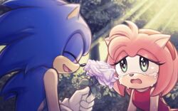 Rule 34 | 1boy, 1girl, amy rose, animal ears, animal nose, bare shoulders, blue fur, breasts, bush, bz shawn, closed eyes, crying, crying with eyes open, dress, eyelashes, flower, furry, furry female, furry male, green eyes, hairband, hand up, hedgehog, hedgehog ears, hedgehog girl, highres, holding, holding flower, leaf, looking at another, medium breasts, open mouth, outdoors, pink fur, purple flower, purple rose, red dress, red hairband, rose, sitting, sleeveless, sleeveless dress, smile, sonic (series), sonic the hedgehog, sonic x, sunlight, tears, tongue, tree