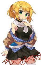 Rule 34 | 1girl, :o, absurdres, black skirt, blonde hair, blush, breasts, green eyes, highres, long sleeves, mizuhashi parsee, off shoulder, open mouth, pointy ears, sakaki (utigi), scarf, simple background, skirt, solo, sweat, thighhighs, touhou, white background, white scarf, white thighhighs