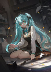 Rule 34 | 1girl, 9chung, :o, aqua eyes, aqua hair, aqua necktie, black footwear, black ribbon, black skirt, black vest, bookshelf, bow (music), collared shirt, commentary, full body, hair between eyes, hair ribbon, hatsune miku, highres, holding, holding bow (music), holding instrument, holding violin, indoors, instrument, long hair, long sleeves, looking at viewer, necktie, open mouth, plant, potted plant, ribbon, shirt, shoes, sitting, skirt, skirt set, sleeve cuffs, solo, symbol-only commentary, twintails, very long hair, vest, violin, vocaloid, white shirt, yokozuwari