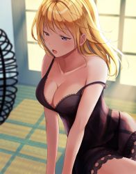 Rule 34 | 1girl, arm support, bare shoulders, black chemise, black panties, blonde hair, blush, breasts, chemise, cleavage, collarbone, electric fan, fumei (mugendai), lace-trimmed chemise, large breasts, long hair, looking at object, maribel hearn, panties, purple eyes, see-through, sitting, solo, spaghetti strap, strap slip, sweat, touhou, underwear, underwear only