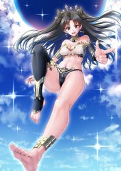 Rule 34 | 1girl, :d, armlet, asymmetrical legwear, asymmetrical sleeves, bare shoulders, black hair, black panties, breasts, cleavage, crown, detached sleeves, earrings, fang, fate/grand order, fate (series), foreshortening, highres, hoop earrings, ishtar (fate), jewelry, long hair, looking at viewer, medium breasts, neck ring, open mouth, panties, parted bangs, red eyes, revealing clothes, single detached sleeve, single thighhigh, smile, solo, thighhighs, toeless legwear, two side up, underwear, uneven legwear, uneven sleeves, very long hair, youshuu