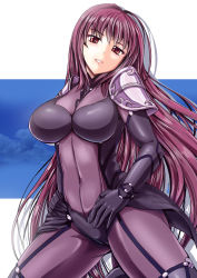 Rule 34 | 1girl, bodysuit, breasts, fate/grand order, fate (series), highres, kumoi takashi, large breasts, long hair, parted lips, purple bodysuit, purple hair, red eyes, scathach (fate), scathach (fate), solo