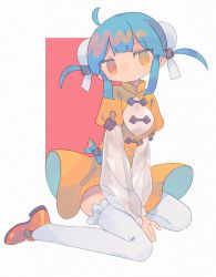 Rule 34 | 1girl, absurdres, ahoge, between legs, blue hair, bow, bun cover, chinese clothes, closed mouth, daizu (melon-lemon), double bun, dress, expressionless, gradient eyes, grey background, hair bun, hair ornament, hand between legs, heterochromia, highres, looking at viewer, multicolored eyes, muted color, no nose, orange eyes, original, puffy sleeves, see-through, see-through sleeves, shoes, sidelocks, simple background, sitting, solo, thighhighs, tsurime, wariza, white thighhighs, yellow dress, yellow eyes