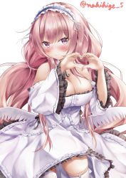 Rule 34 | 1girl, absurdres, artist name, azur lane, bare shoulders, blush, breasts, cleavage, commentary request, detached sleeves, dress, hair between eyes, hairband, head tilt, heart, heart hands, highres, large breasts, lolita hairband, long hair, looking at viewer, low twintails, makihige, perseus (azur lane), pink eyes, pink hair, sidelocks, signature, simple background, solo, twintails, twitter username, white background, white dress, wide sleeves