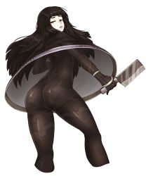 Rule 34 | 1girl, ass, black hair, blunt bangs, blush, bodysuit, breasts, dual wielding, eyelashes, grey lips, hatchet, highres, holding, holding sword, holding weapon, latex, latex suit, long hair, looking at viewer, parted lips, poncho, red eyes, see-through, shade, shin megami tensei, shin megami tensei iv final, shiny clothes, shiny skin, short eyebrows, skin tight, solo, standing, standing on one leg, sword, tassel, toki (megami tensei), transparent background, weapon