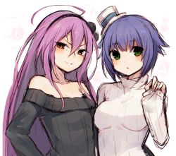 Rule 34 | 2girls, :3, ahoge, arm up, bad id, bad pixiv id, bare shoulders, black sweater, blue hair, blush, boater hat, bob cut, breasts, character request, closed mouth, collarbone, eyes visible through hair, flat chest, green eyes, hair between eyes, hair flaps, hairband, half-closed eyes, hand on another&#039;s hip, hand on own hip, hat, huge ahoge, long hair, long sleeves, looking at viewer, medium breasts, mini hat, multiple girls, muryotaro, off shoulder, orange eyes, parted bangs, phantasy star, phantasy star online 2, pom pom (clothes), purple hair, ribbed sweater, short hair, sidelocks, simple background, sketch, sleeves past wrists, smirk, standing, sweater, triangle mouth, turtleneck, turtleneck sweater, upper body, very long hair, white background, white sweater