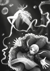 Rule 34 | 2girls, bad id, bad pixiv id, bubble, dress, forest, greyscale, highres, long hair, minusion, monochrome, multiple girls, nature, original, tree