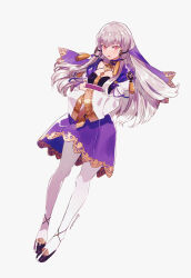 Rule 34 | 1girl, black footwear, book, commentary, detached collar, dress, english commentary, fire emblem, fire emblem: three houses, full body, gold trim, hair between eyes, highres, holding, holding book, long hair, looking at viewer, lysithea von ordelia, nintendo, pantyhose, pink eyes, purple dress, shoes, solo, sumustard, twitter username, veil, white hair, white pantyhose, white sleeves, wide sleeves