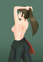 Rule 34 | 1girl, adjusting hair, arms up, ass, back, black hair, blush, breasts, brown eyes, from behind, green background, highres, inuyasha, katzueki, large breasts, legs, long hair, looking back, nipples, no bra, ponytail, sango (inuyasha), scar, shiny skin, signature, simple background, solo, standing, thighs, topless