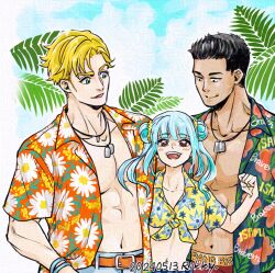 Rule 34 | 1girl, 2boys, :d, ao isami, azrikky, belt, black hair, blonde hair, blue eyes, blue hair, breasts, clenched hand, dated, day, dog tags, double bun, floral print, glaze artifacts, hair bun, hawaiian shirt, lewis smith, long hair, lulu (bang bravern), multiple boys, navel, open clothes, open mouth, open shirt, outdoors, pectorals, shirt, small breasts, smile, tan, toned, toned male, wristband, yuuki bakuhatsu bang bravern